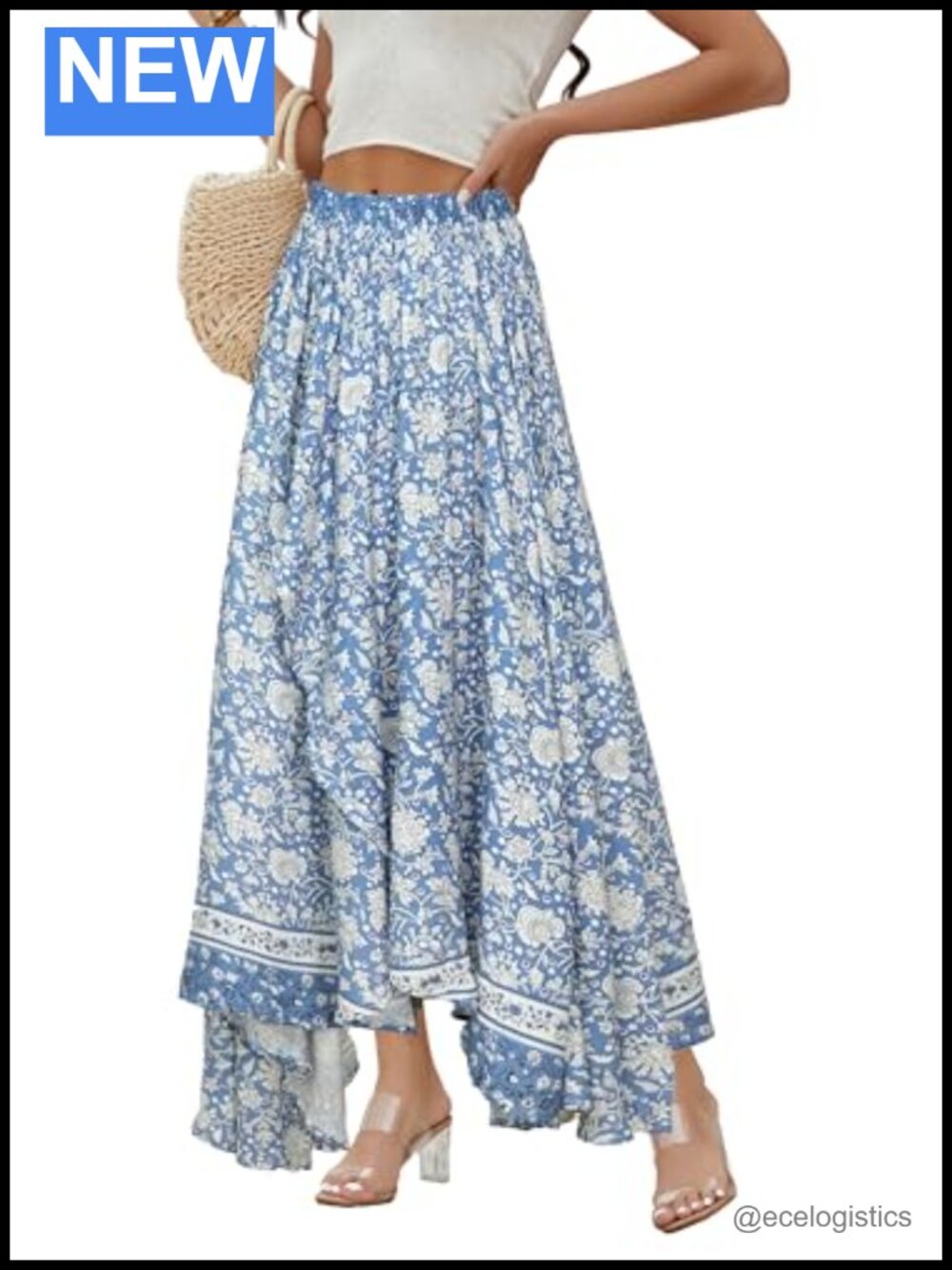 Boho Maxi Skirt High Waist Flowy High-Low Slit A-Line Rayon Tiered